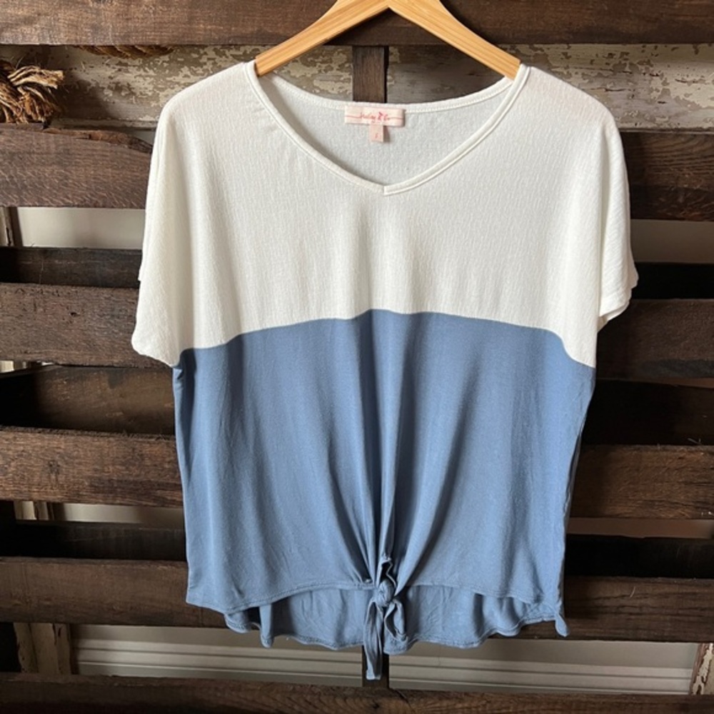 🟠HAILEY & CO Short-Sleeve Top in Blue/Cream SMALL